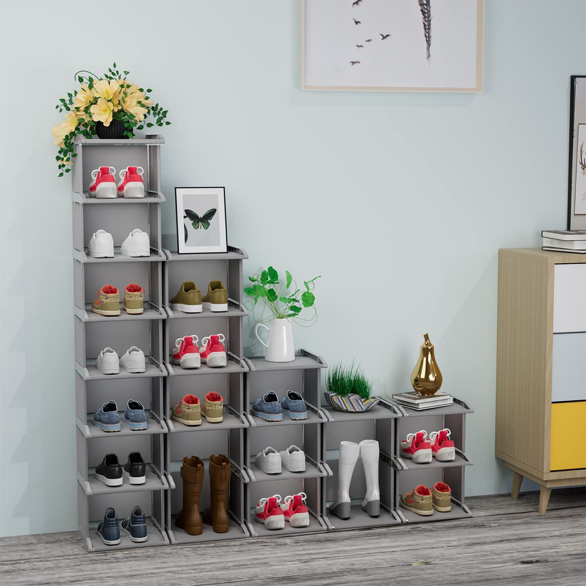 Narrow Shoe Rack, 8 Tier Tall Shoe Organizer with 7 Fabric Shelves, Metal  Frame, Shoe Storage