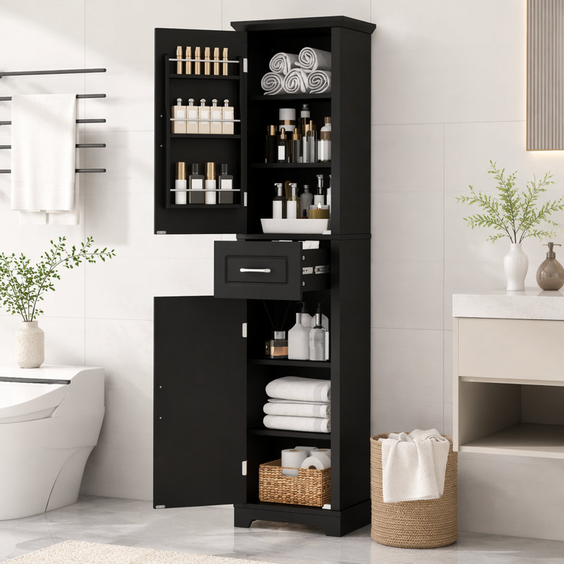 Tall Bathroom Freestanding Storage Cabinet with Adjustable Shelves, Door Shelves Design, Black