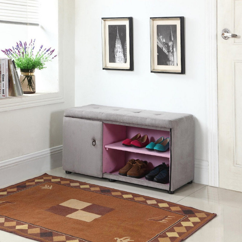 18" Tall Storage Ottoman With Shoe Compartment, Silver And Gray, Shoe Storage, Gray