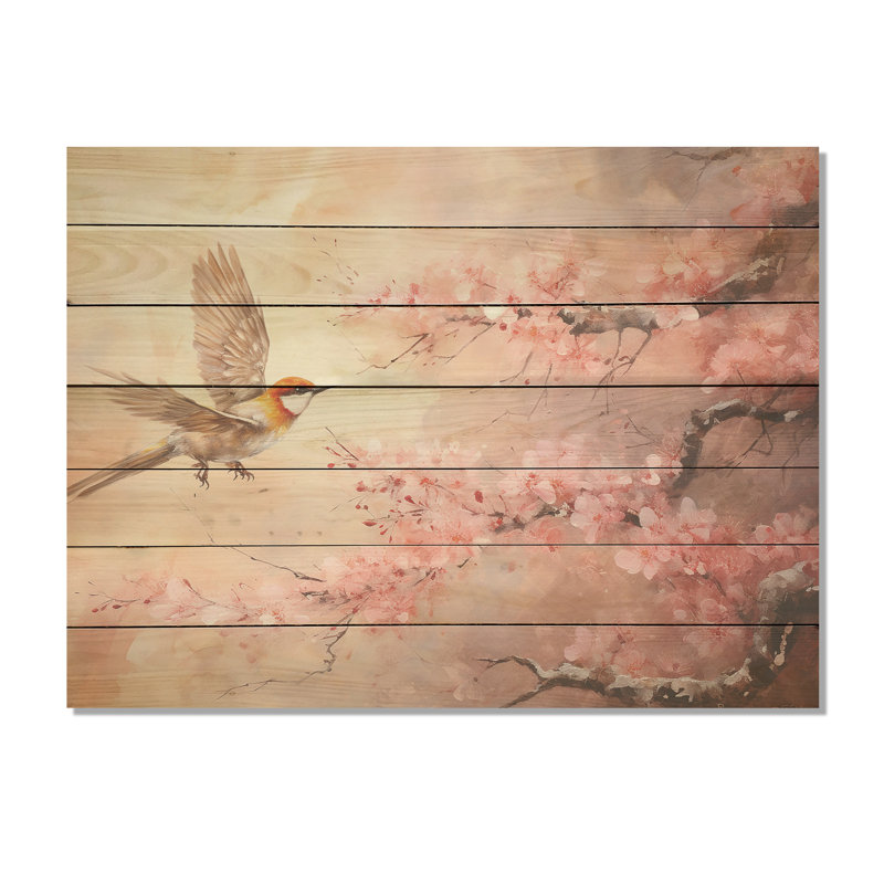 Oiseaux dorés et roses sur un arbre floral I - impression d'oiseau sur bois, H 34 po x l 44 po x P 0,78 po