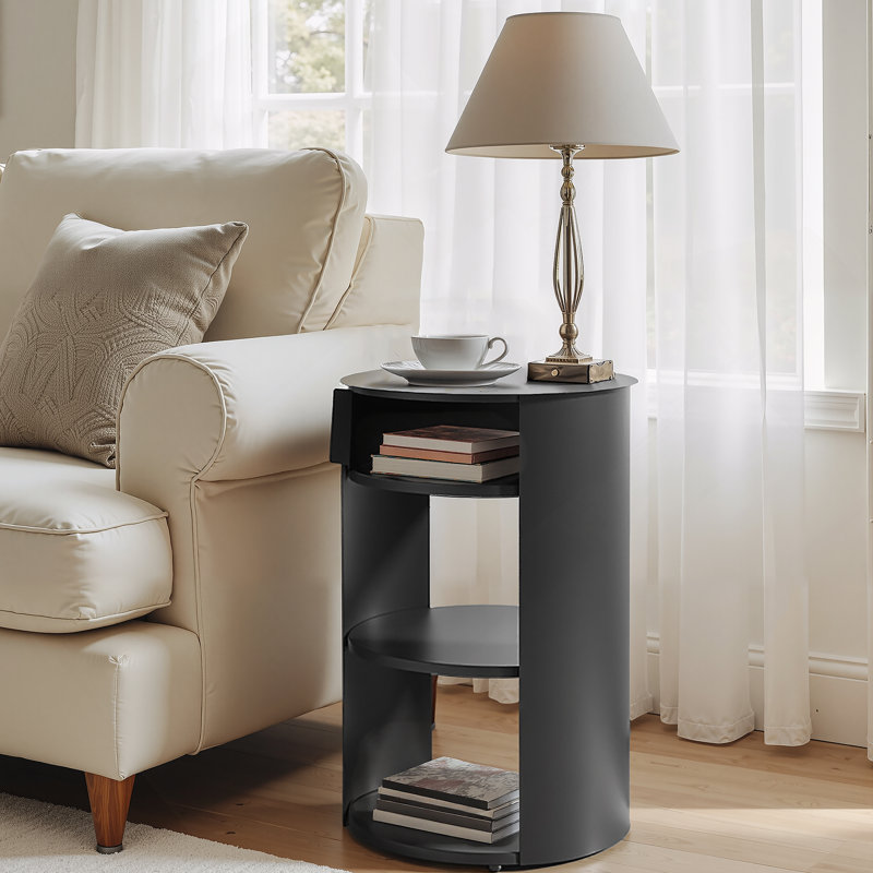 Table d'appoint ronde d'intérieur en métal à 3 niveaux avec armoire à porte coulissante, Noir mat