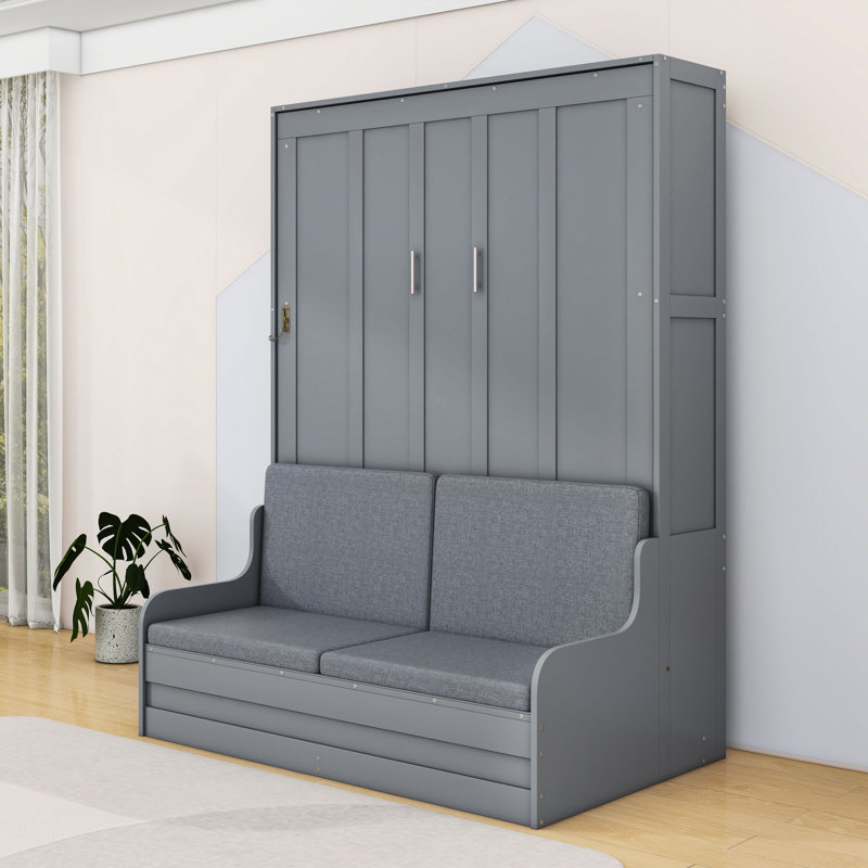 Grand lit escamotable peu encombrant avec canapé et tête de lit, Gris