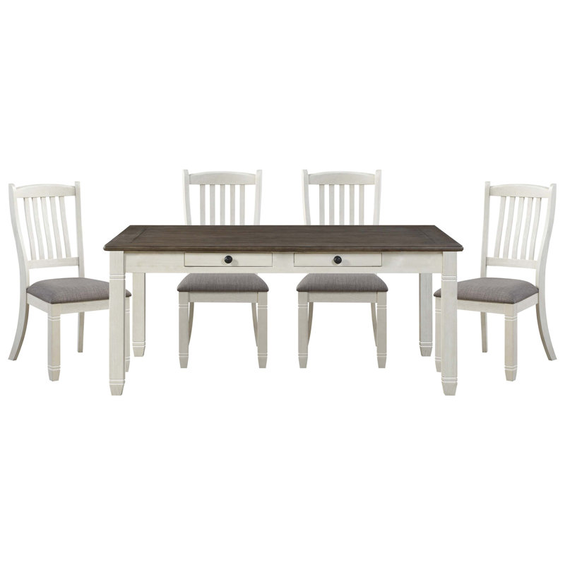 Ensemble de table de salle à manger 5 pièces à finition blanche antique avec 6 tiroirs et 4 chaises d'appoint rembourrées