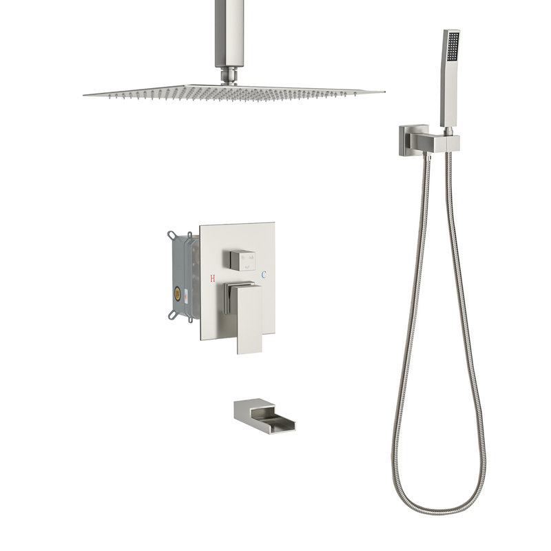 Système de douche carré à fixation au plafond 12 pouces avec valve brute Topcraft, Brushed Nickel