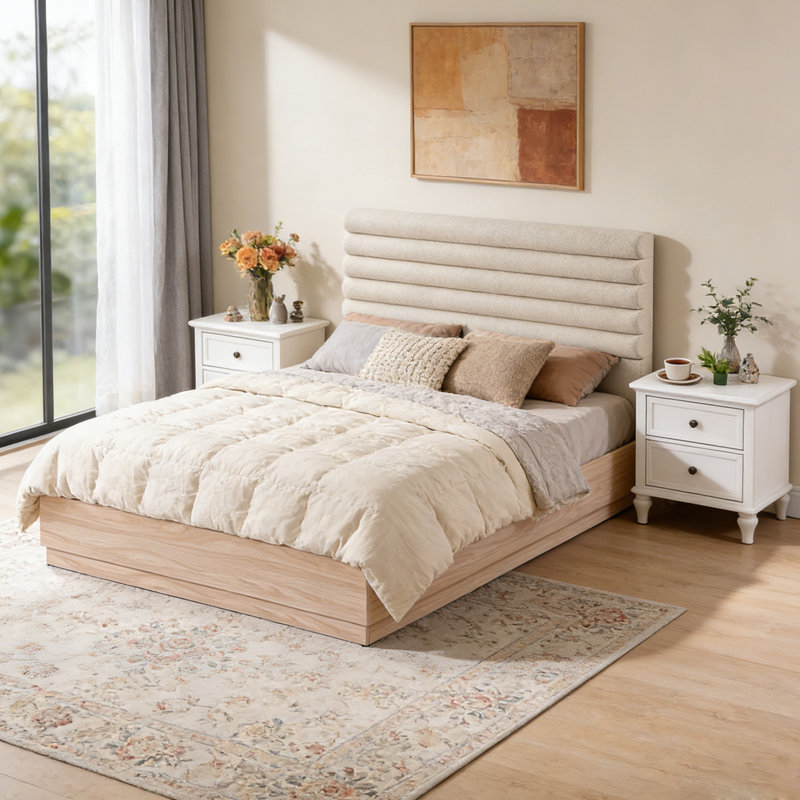 Structure de lit grand en bois avec tête de lit tapissier en tissu Boucle