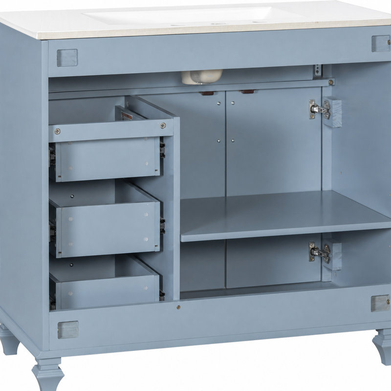 Meuble-lavabo autoportant de 91 cm (36 po) avec lavabo en céramique, tiroir rabattable, 3 tiroirs et 2 portes