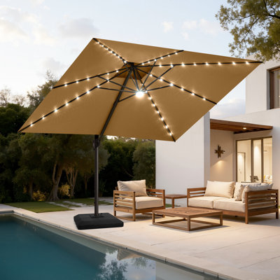11' X 11' Patio Solar Led Lights Cantilever Umbrella, Counterweights Base Included