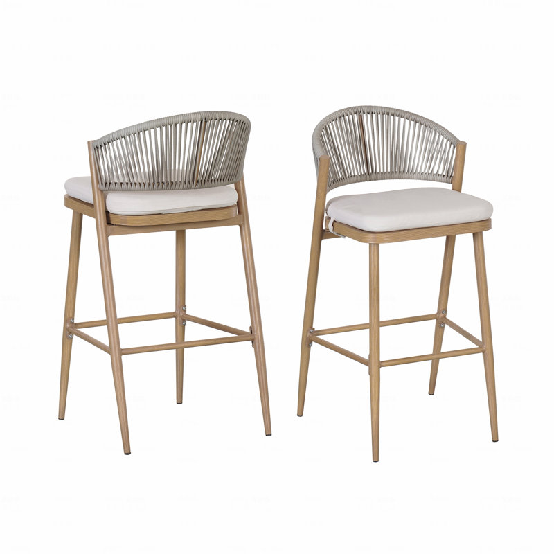 Set Of 2 Outdoor Patio Barstools, 30.25" Seat Height Aluminum Frame With PE Rattan Scallop-Shaped Backrest, Brown, Gray