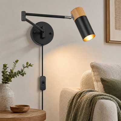 Applique murale moderne à bras articulé avec abat-jour réglable en métal noir et accent de bois naturel, lampe de lecture murale E26 avec interrupteur marche / arrêt pour la chambre à coucher, le salon, le bureau, le couloir