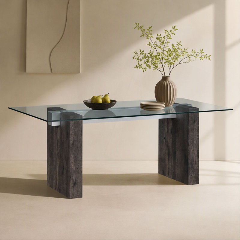 Washed Dining Table with Tempered Glass