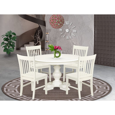 Ensemble de table de salle à manger 5 pièces 4 chaises en bois avec dossier à lattes et table ronde / ovale - Finition lin blanc