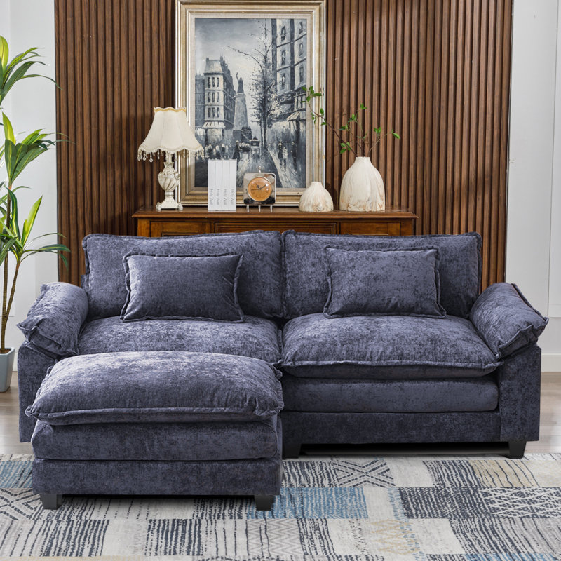 Canapés modulaires modernes pour le salon et les causeuses avec repose-pieds Dyemond, Chenille bleu