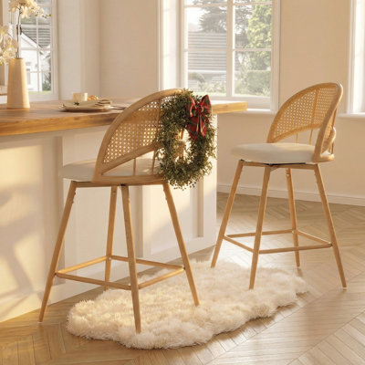 Rattan Backrest Barstools Set Of 2 With Faux Leather