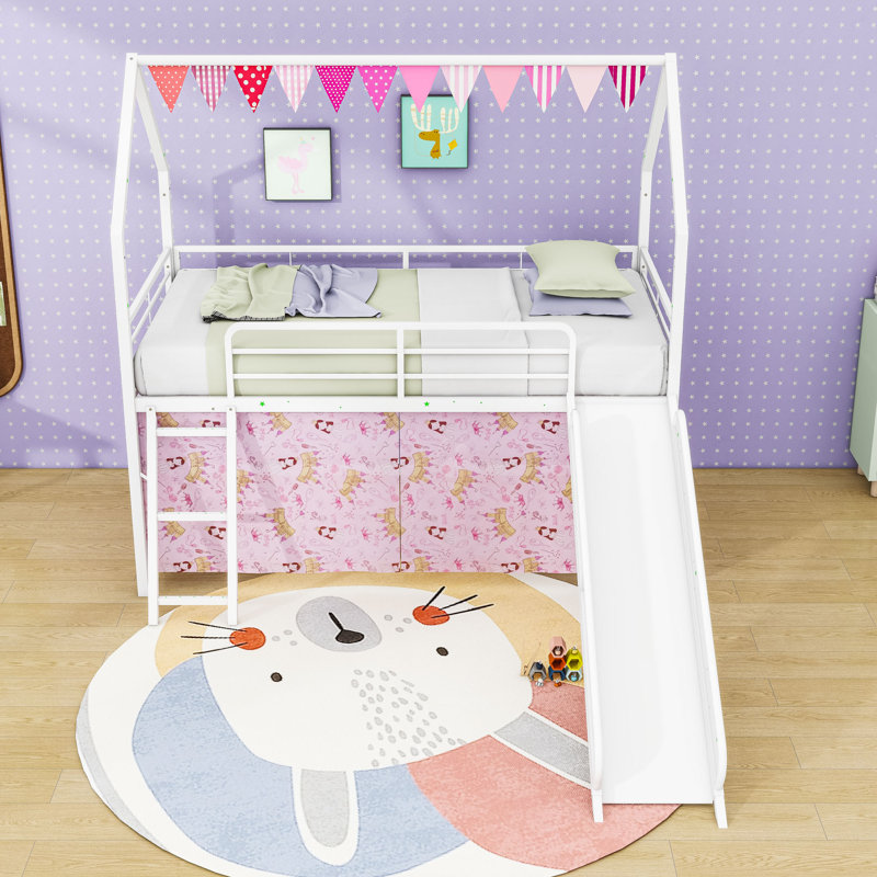 Metal House Twin Loft Bed With Slide, Curtain Set, Guardrails And Ladder, White Pink