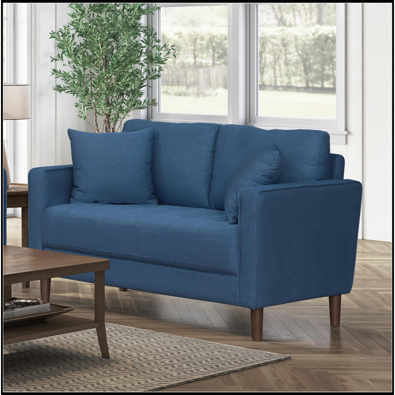 Contemporary Blue Fabric Upholstered Love Seat with Plush Cushions and Tufted Detail for Elegant Living Rooms