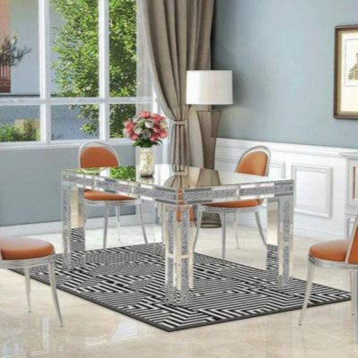 Table de salle à manger 51.18 "en verre à miroir avec 4 pieds et incrustation de diamant concassé