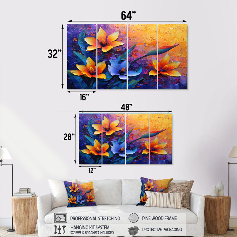 Ensemble de salon art mural jaune et vert oiseau exotique Bloom - oiseaux du paradis, H 32 po x l 64 po