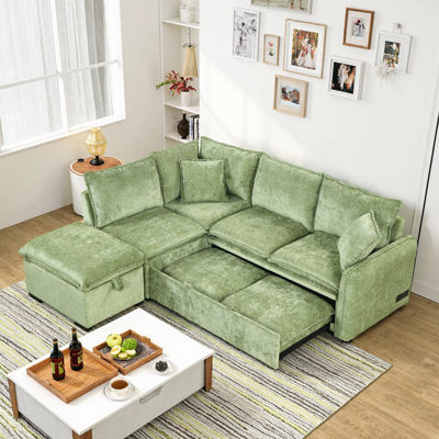 82.67 Inch Green Chenille Convertible Sofa Bed, L-Shaped Sectional Sleeper with Storage Ottoman, 2 Pillows, Power Sockets, USB Ports