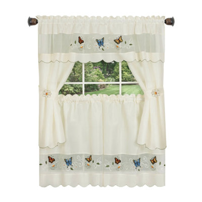 Kate Aurora Embroidered Butterflies & Sunflowers 3 Piece Kitchen Curtain Tier & Valance Set