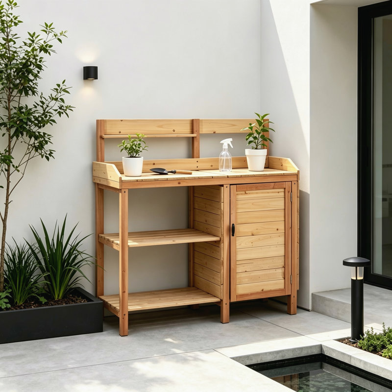Banc de rempotage en bois de sapin massif avec armoire de rangement, plateau d'évier amovible et crochets à outils latéraux, poste de travail de jardin multifonctionnel pour l'organisation de la plantation de pelouse dans le jardin