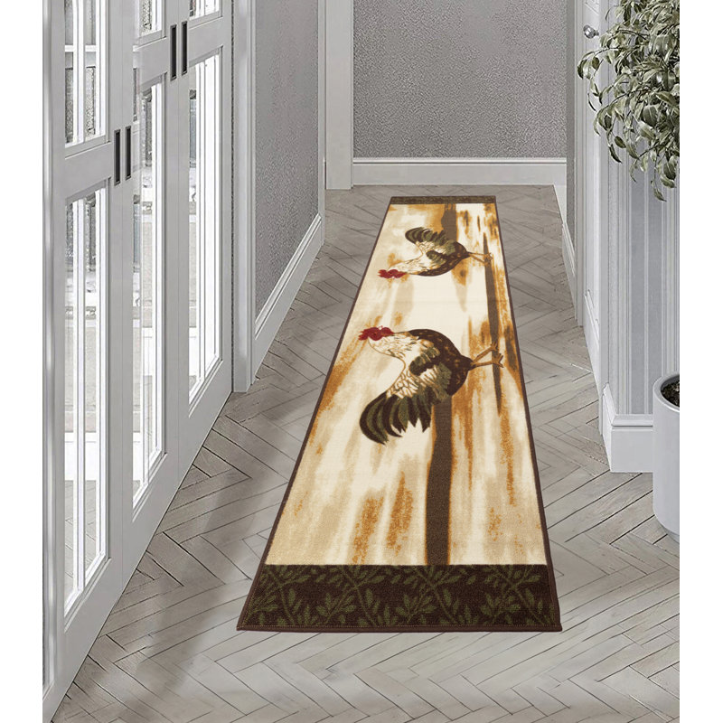 Machine Washable Printed Rooster Beige Brown Runner Rug and Mat, Runner 1'8" x 4'11"