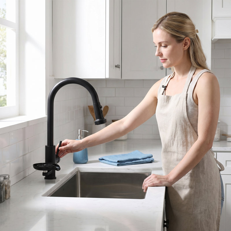 High-arc Pull-down Sprayer Kitchen Faucet With Built-in Glass Rinser, Matte Black