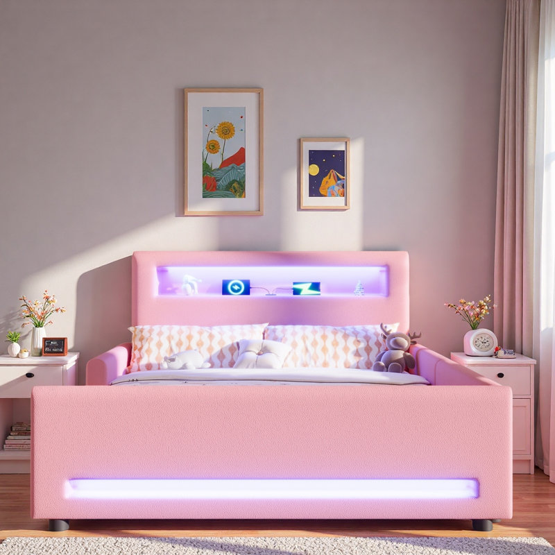 Lit plateforme tapissier avec tiroir, bande lumineuse à DEL et port USB, Lit double, Rose