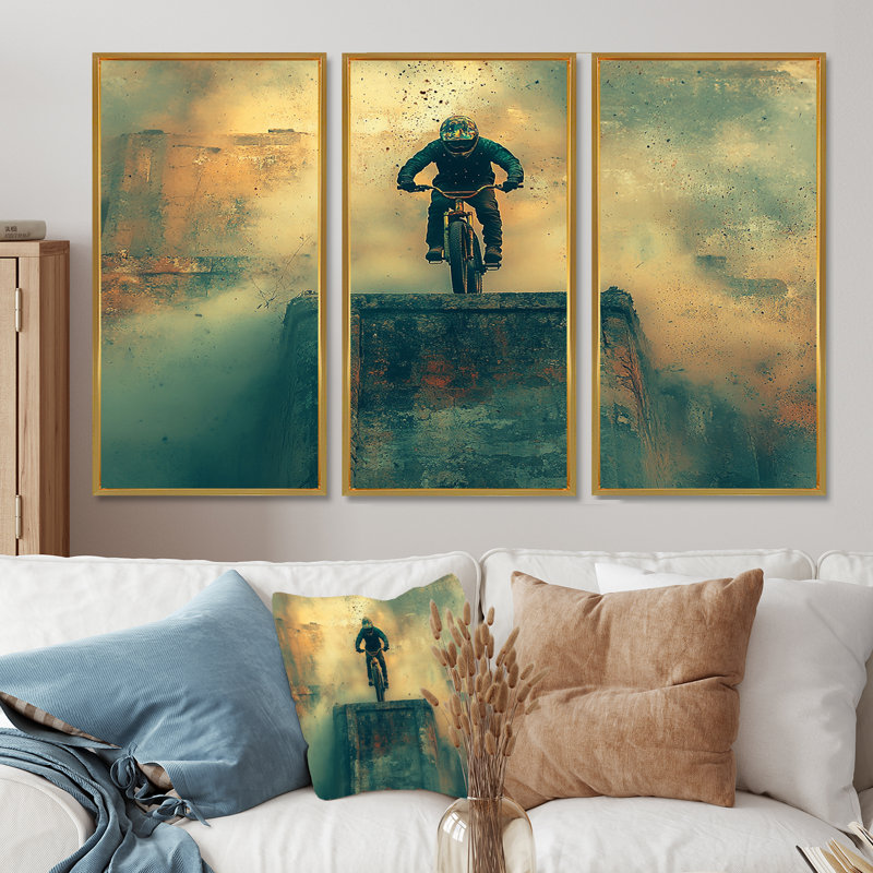 Green Freestyle Bmx Bike Tricks - ensemble d'art mural vélo, Toile avec cadre flottant or, H 32 po x l 48 po x P 1 po