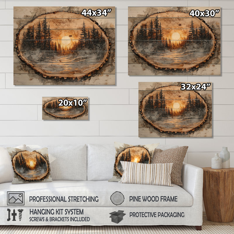Sunrise Pine Tree on Wooden Tree Slide II - Art mural bois de forêt - sur bois de pin naturel, H 10 po x l 20 po x P 0,78 po