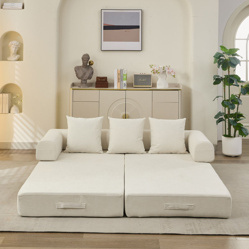 Canapé-lit convertible en chenille avec accoudoirs, Beige
