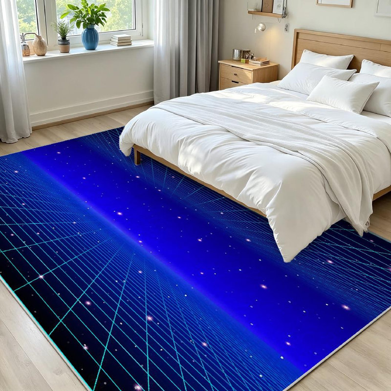 Tapis d'intérieur bleu néon avec grille et étoiles lavable à la machine, Rectangle 71 po x 98 po