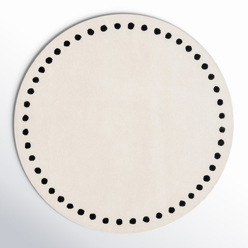 Lexy Polka Dots Handmade Tufted Cotton/Wool Area Rug in Ivory/Black, Round 6'