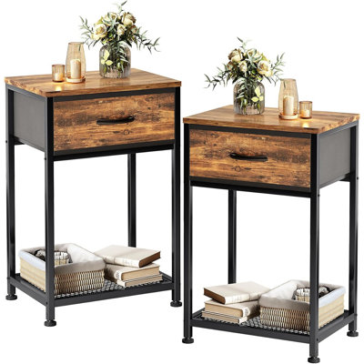 Night Stands Set Of 2,End Tables With Drawer For Bedroom Bed Side Table For Home, Rustic Brown Wood Night Stand Bedroom Nightstands Bedside Table Set by 17 Stories