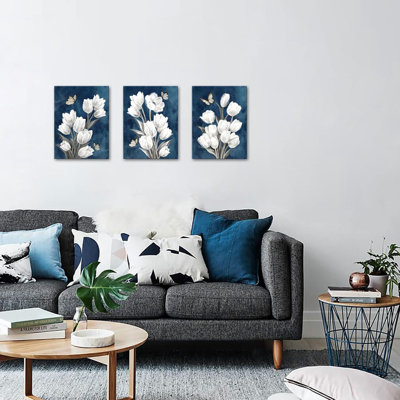 Mur de fleurs murales bleues et blanches, tulipes rétro, décor de salle de bain