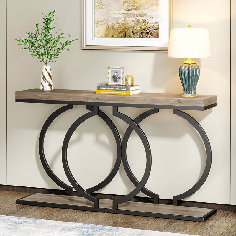 Industrial Console Table 55" - Narrow Long Entryway Sofa Table With Geometric Metal Frame & Vintage  Wood Top