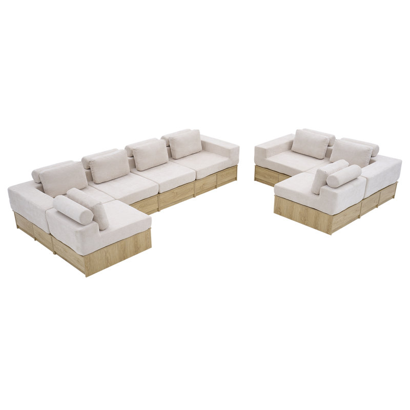 Canapé d'angle modulaire 8 places avec tiroirs de rangement, canapé multifonctionnel en forme de L avec base de rangement intégrée et table basse.