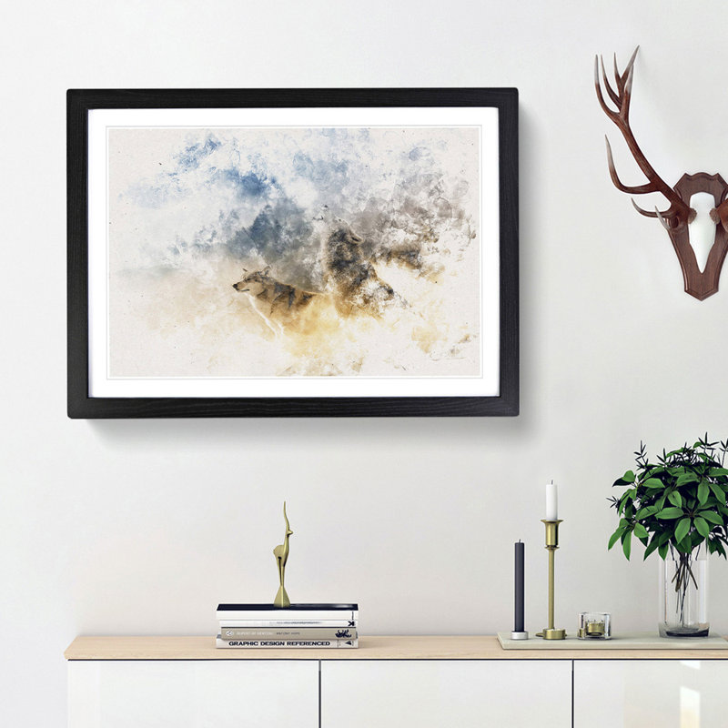 Wolves Howling In The Forest Watercolour - Framed Print, Black, 45cm H x 63cm W x 2cm D