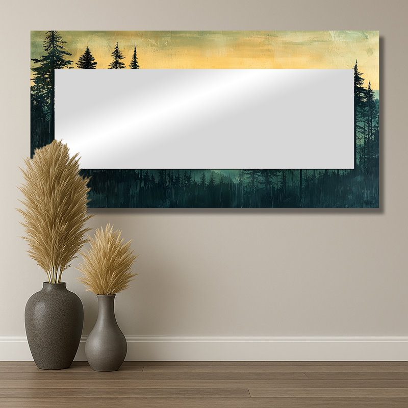 Calm Mountain Silhouette In Woodlands I - miroir traditionnel pour décoration murale - imprimé sur métal, 28 po x 55 po