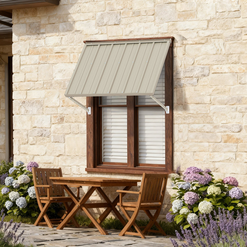 Kozyard Adjustable Door Window Awning – 4-Level Tilt, 42" W × 32" Sloped Panel, Adjustable Projection 22"–31", Aluminum Frame & Metal Canopy, All-Weather Rain, Snow & UV Protection  (Khaki)