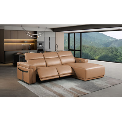 Canapé modulaire cognac en cuir italien de qualité supérieure 3 pièces Cognac avec 2 fauteuils inclinables électriques et appuis-tête réglables
