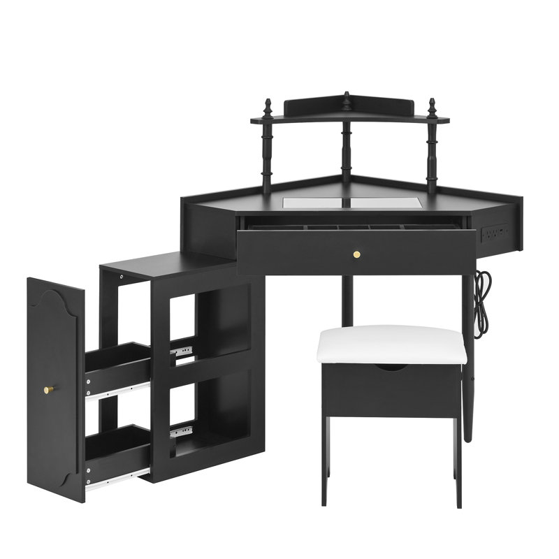 Ensemble de bureau de coiffeuse d'angle avec tabouret de rangement rembourré et station de charge, Noir