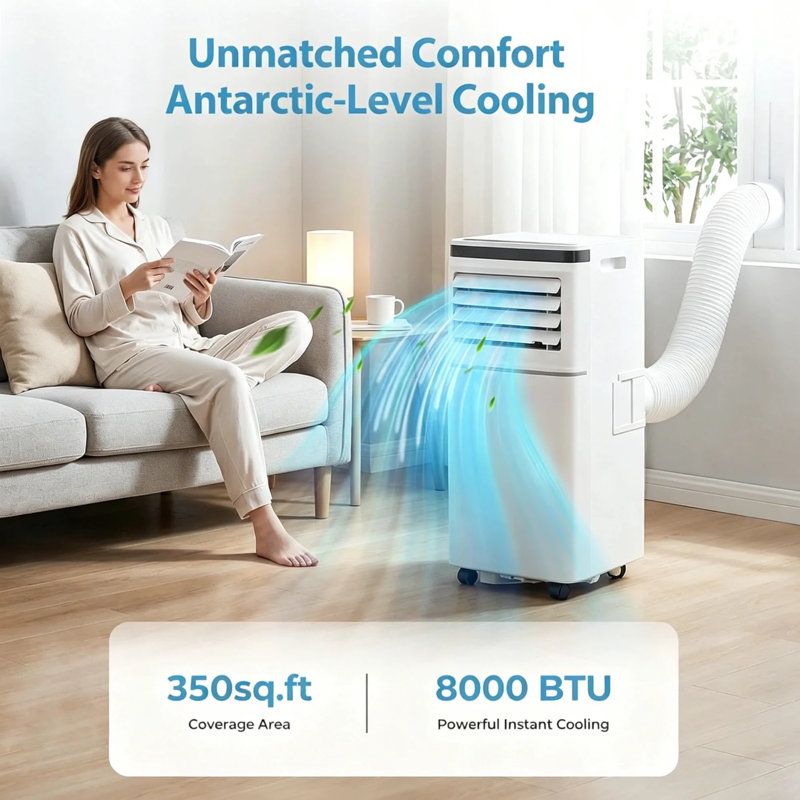 Climatiseur portatif 10 000 BTU avec télécommande ACL, déshumidificateur ultra silencieux, refroidissant 450 pieds carrés, minuterie 24H, protection antigel, pour chambre à coucher, salon, appartement, garage