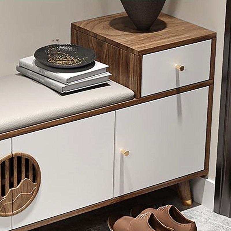 55.1in Multi-functional Shoe Storage Bench, White/Light Walnut