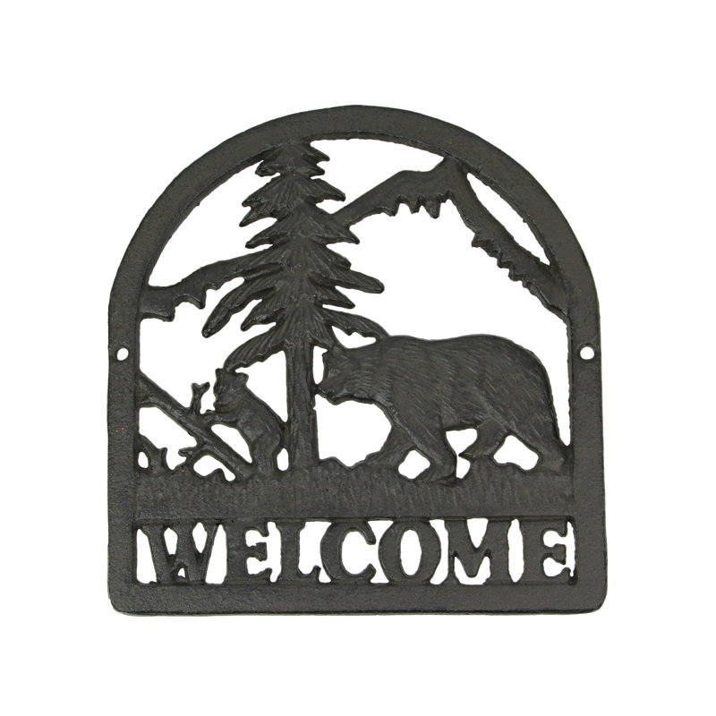 Rustic bear and cub cast iron welcome wall plaque in brown — cabin wall art, 7.5 in. wide x 0.25 in. deep x 8 in. high