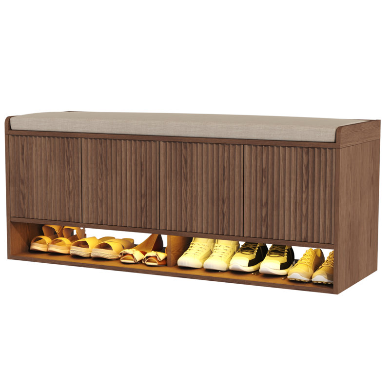 47.24''w Fluted Entryway Shoe Storage Bench With 4 Doors And Adjustable Shelf, Walnut