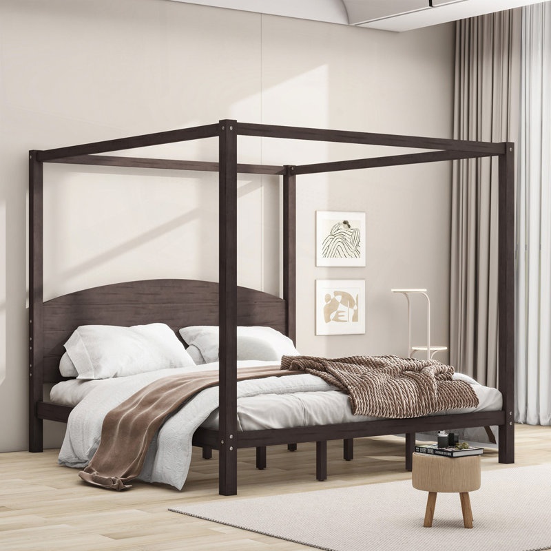 Wooden Canopy Platform Bed with Headboard and Support Legs, Brown