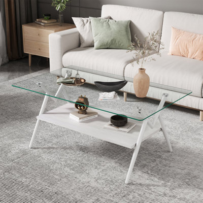 Table basse rectangulaire avec plateau en verre trempé et pieds en métal blanc, table moderne pour le salon, verre transparent