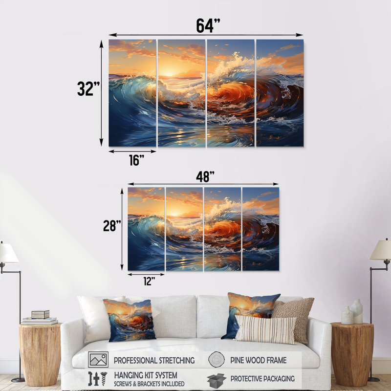 Décoration murale 4 vagues bleues et orange Sunrise Waves - Coastal Waves, H 32 po x l 64 po