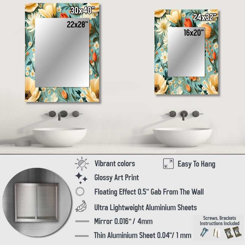Agalia beige Popart Funky Floral Serenade - miroir mural floral unique, miroir de chalet, impression d'art en métal