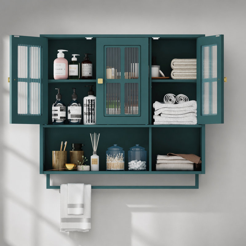 Armoire murale en bois vert foncé à 3 portes avec rangement ouvert et caché, porte en verre et barre à serviettes pour un usage domestique polyvalent